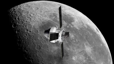 Astronautas en la Luna con el tercer módulo de servicio europeo para Orión